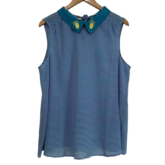 ModCloth Sheer Sleeveless Blue/White Stripe Blouse Pineapple Embroidery Size 1X - Picture 3 of 11